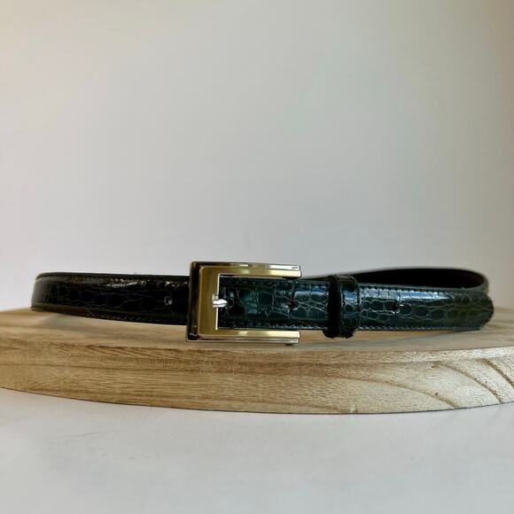 Vintage 90s Green Vegan Leather Snake Skin Buckle Belt Size Medium/Large - Picture 1 of 11